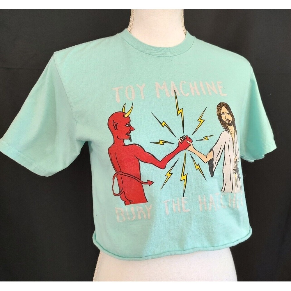 Toy Machine Skateboard  Bury The Hatchet Devil Jesus Aqua Crop T Shirt Women's S